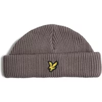 Gray ribbed beanie with folded brim and yellow Lyle & Scott eagle logo on the front.