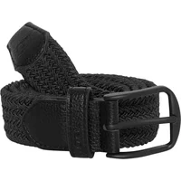 Black woven leather belt with a matte black buckle and stitched detailing.