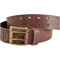 Brown leather belt with brass buckle, decorative studs, and multiple holes by Le Temps des cerises.