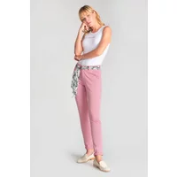 Pink belted trousers for women with floral scarf belt, slim fit, by Le Temps des cerises Dyli.