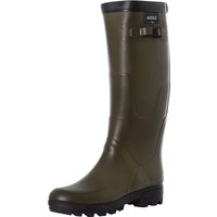 Green Benyl Wellington Boots by Aigle, tall rubber design with adjustable strap and black sole.