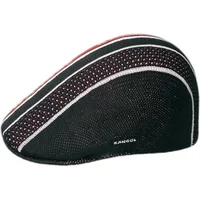 Black Kangol beret with red and white stripes, textured fabric, and curved design.