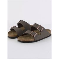Birkenstock Arizona sandals in mocca Birko-Flor nubuck, two adjustable straps, cork footbed, black sole, size 36.