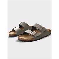 Birkenstock Arizona sandals in stone nubuck with two adjustable straps and cork footbed, size 38.