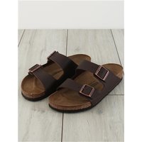 Dark brown Birkenstock Arizona Birko-Flor sandals, size 42, with two adjustable straps and cork-latex footbed.