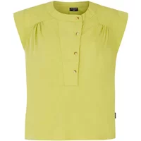 Lime green sleeveless blouse with buttoned front placket and subtle pleats at shoulders.