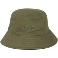 Olive green Aigle bucket hat with embroidered logo and wide brim.