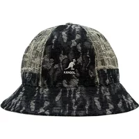 Kangol denim mashup casual hat with black and gray abstract pattern, wide brim, and white kangaroo logo.