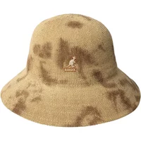 Beige and brown tie-dye knit sun hat with wide brim and embroidered Kangol logo.