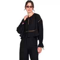 Black boho blouse with ruffled hem, crochet detailing, and long sleeves by 24 Colours.