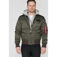 Olive green bomber jacket with detachable gray hood, ribbed cuffs, and red zip tag on sleeve.