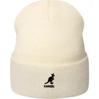 Cream Kangol beanie with black kangaroo logo on the front, featuring a fold-over cuff design.