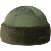 Green Kangol aviator bonnet with faux fur trim and stitched panels.