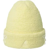 Cream Kangol bonnet with a textured knit, folded brim, and pearl embellishments on the sides.