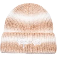 Beige and white ribbed knit beanie with gradient stripes and embroidered Project X Paris logo on the cuff.