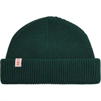 Dark green knitted fisherman beanie with folded cuff and small red "REV" tag.