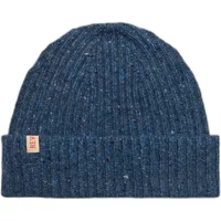 Blue ribbed knit beanie with folded cuff and small red Revolution tag on the side.