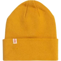 Yellow knit beanie with folded cuff and small red Revolution tag on the side.