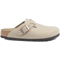 Tobacco-colored Boston clog by Birkenstock with adjustable strap, cork footbed, and black rubber sole.