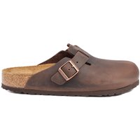 Dark brown Birkenstock Boston clogs with adjustable strap and cork footbed.