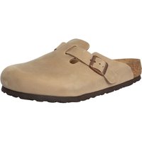 Tan leather clogs by Birkenstock with adjustable strap and cork footbed, featuring a closed toe and dark rubber sole.
