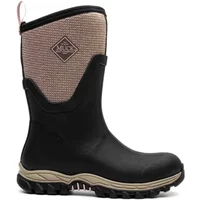 Black and beige mid-calf women's rain boots with rugged sole and Muck Boots logo on the shaft.