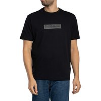 Black Napapijri Box Logo T-Shirt with a rectangular logo on the chest, worn by a model in blue jeans.