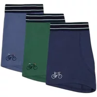 Set of three Faguo boxer shorts in blue, green, and navy with bicycle embroidery and striped waistband.