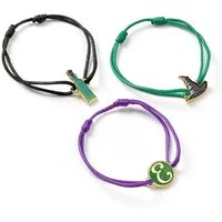 Black and green cord bracelets with Elphaba charms; purple cord bracelet with green emblem charm.
