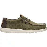 Braided loafers Hey Dude Wally in olive green fabric with brown accents and white sole.
