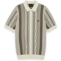 Brocade jacquard knitted shirt by Lyle & Scott, beige and brown vertical patterns, short sleeves, collared, logo on chest.