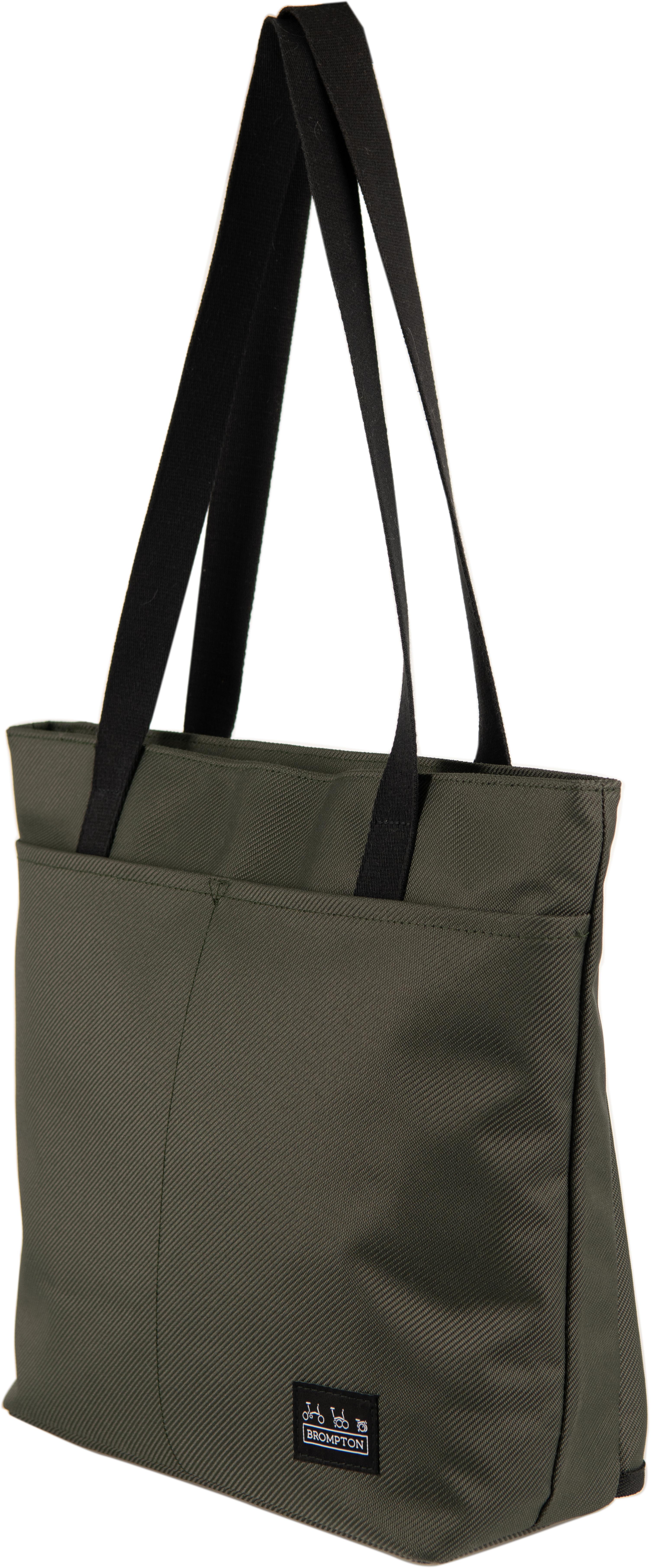 Olive green Brompton Borough Tote, 9L, with black handles and front pocket, featuring a small Brompton logo patch.