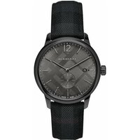 Black Burberry BU10010 men's watch, round 40mm dial with check pattern, black strap, silver hands, and date display.