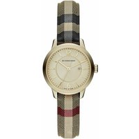 Gold Burberry ladies watch with honey check stamped dial and beige plaid strap.