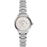 Silver Burberry women's watch with 32mm case, check-patterned dial, and stainless steel link bracelet.