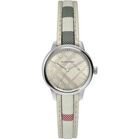 Burberry BU10113 ladies watch with round silver case, beige checkered dial, and striped leather strap.
