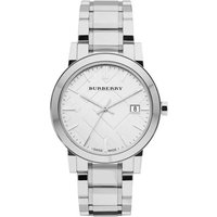 Silver Burberry BU9000 unisex watch with stainless steel bracelet, silver dial, and date display at 3 o'clock position.