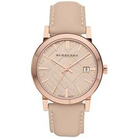Tan dial Burberry women's watch with rose gold case, leather strap, and date display.