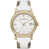 Gold Burberry BU9015 women's watch with white dial, gold markers, and white leather strap.