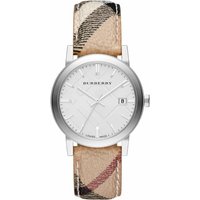 Burberry BU9025 ladies watch with silver dial, date display, and beige checkered leather strap.