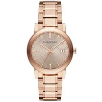 Rose gold-tone Burberry women's watch with rose dial, date display, and link bracelet.