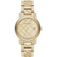 Gold Burberry unisex watch with engraved checked pattern, round face, date display, and matching gold link bracelet.