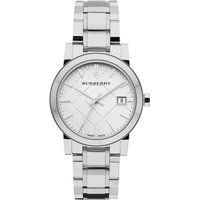 Silver Burberry BU9100 The City Women's Watch with stainless steel bracelet, round face, and date display.