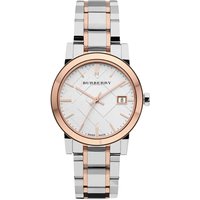 Silver and rose gold Burberry BU9105 unisex watch with round face, date display, and two-tone metal bracelet.