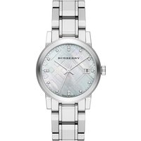Silver Burberry women's watch with a silver dial, stainless steel bracelet, and date display at 3 o'clock position.