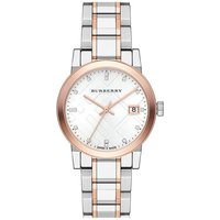 Two-tone Burberry ladies watch with silver dial, rose gold bezel, and silver-gold link bracelet.