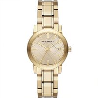 Champagne gold Burberry BU9134 ladies watch, 34mm case, link bracelet, textured dial, and date display.