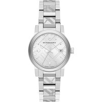 Silver Burberry BU9144 women's watch with check stamped dial, stainless steel bracelet, and date display.