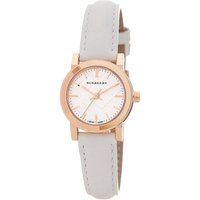 Rose gold-tone Burberry women's watch with white leather strap and minimalist white dial.