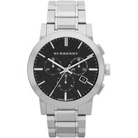 Burberry BU9351 men's watch, black dial, stainless steel band, chronograph subdials, date window at 4 o'clock.